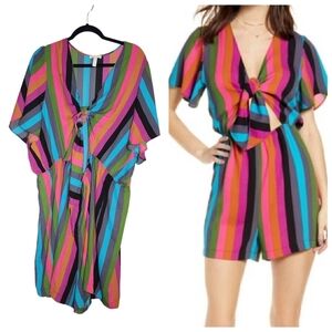 Leith women's 4X tie front striped romper.  Stretch waist.